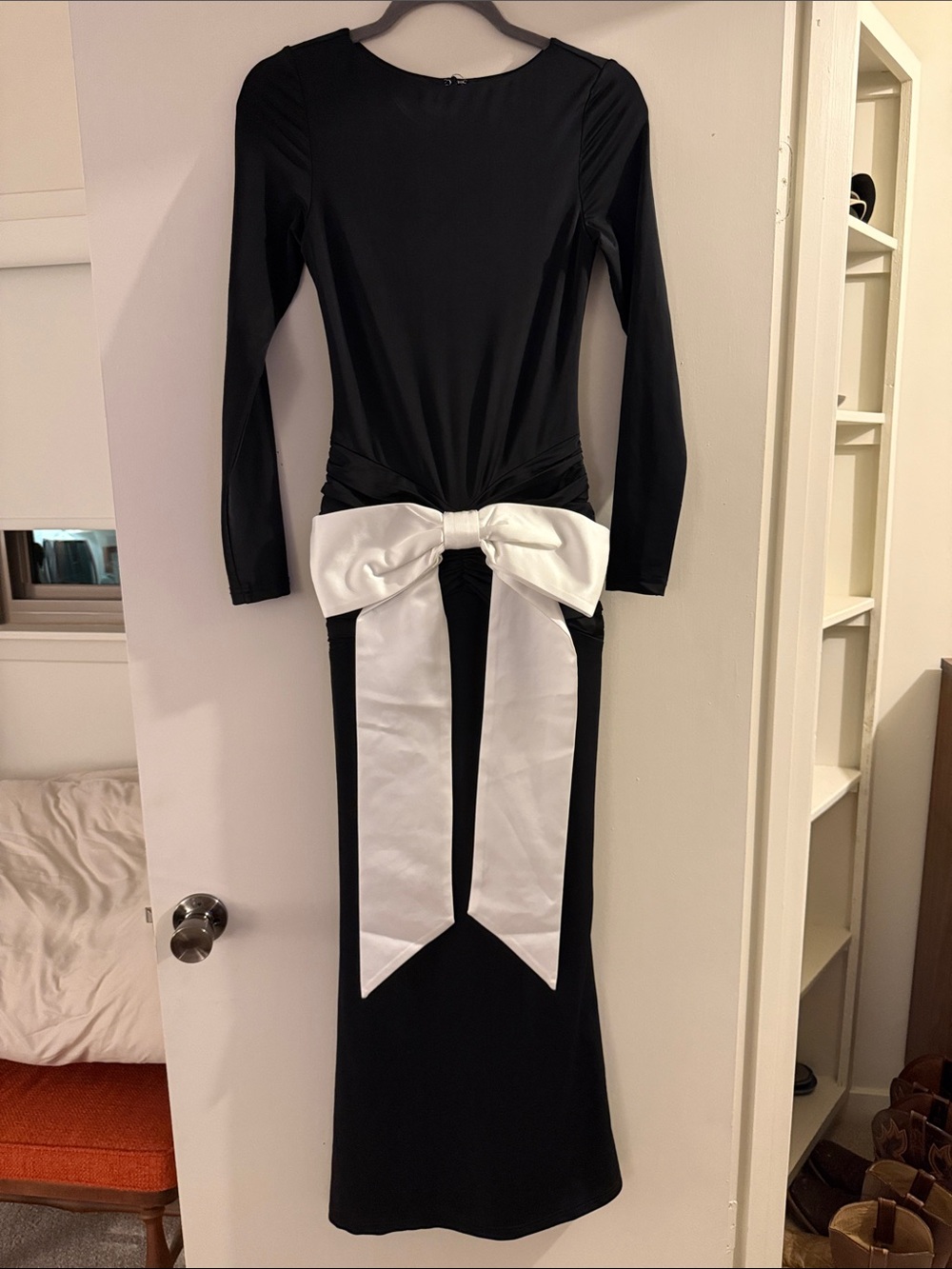 HELLO MOLLY Black Long-Sleeve Dress with White Bow Accent